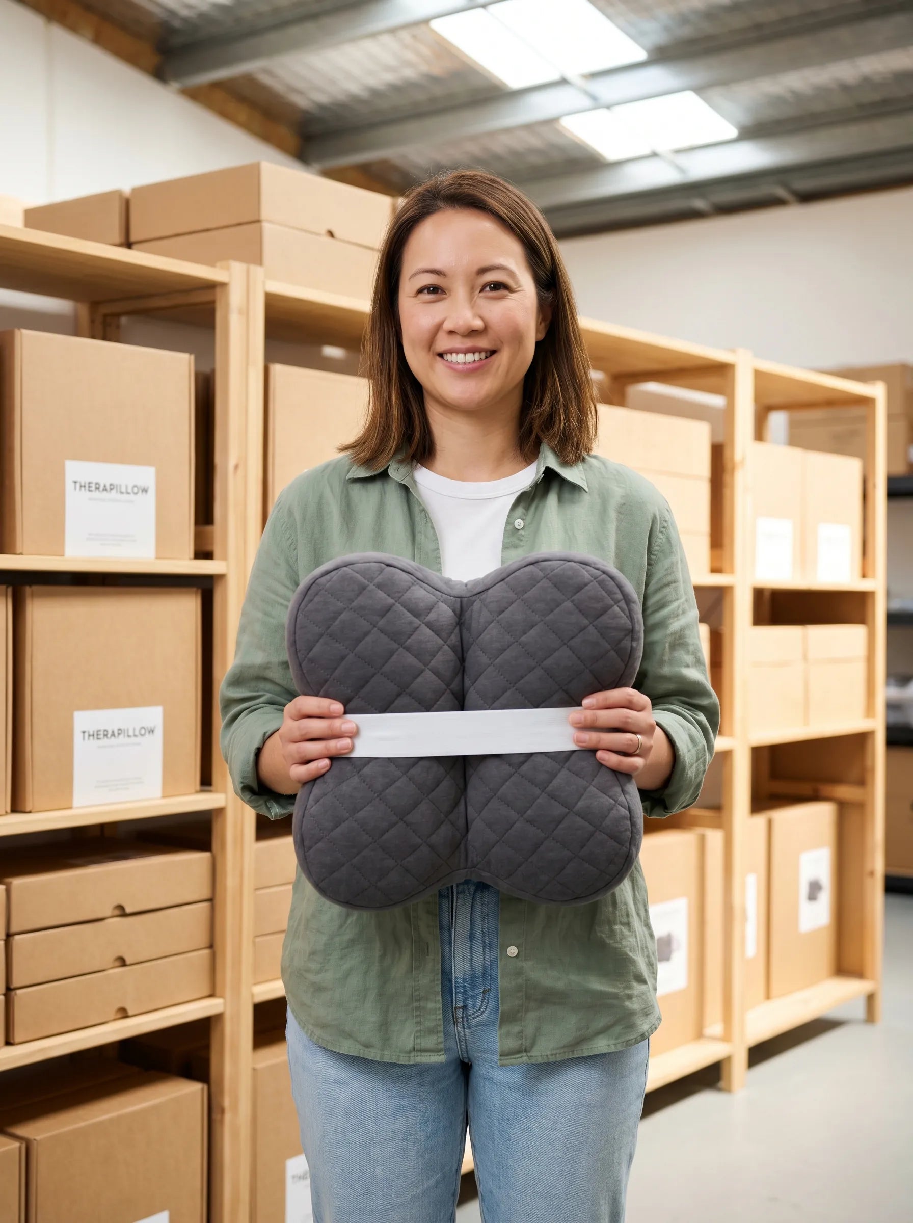 Sarah Chen, Therapillow founder, in our Sydney warehouse