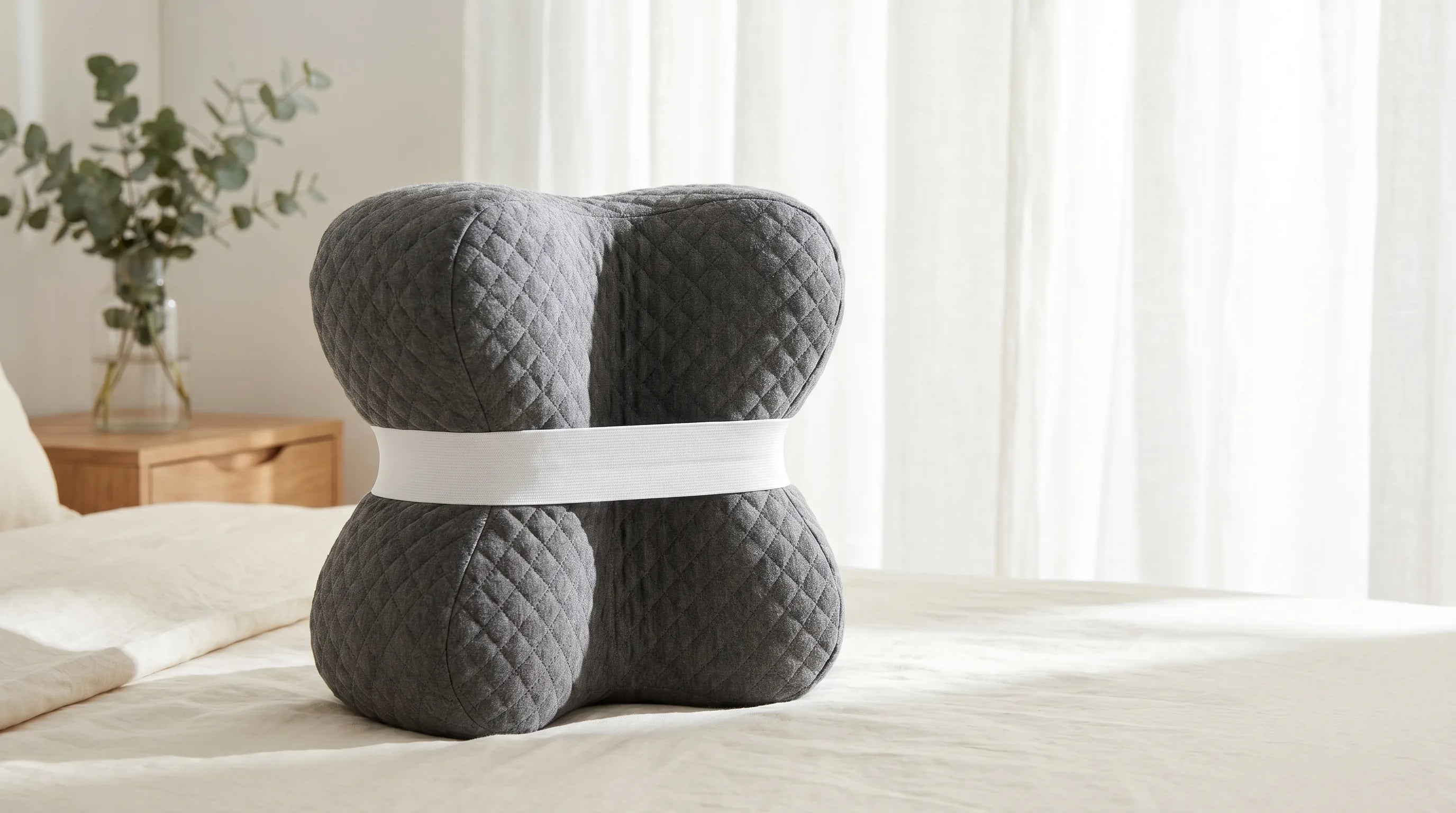 Therapillow knee pillow on cream linen sheets in a soft Australian bedroom